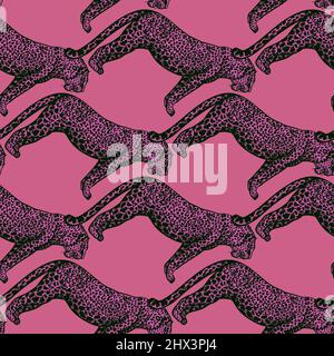 Leopard seamless pattern. Vintage wildlife animals background. Repeated texture in hand drawn style for fabric, wrapping paper, wallpaper, tissue. Vec Stock Vector