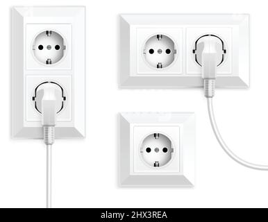 Power socket realistic set with isolated images of wall mounted power outlets with electric plugs vector illustration Stock Vector