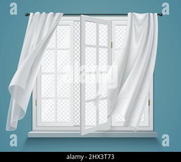 Open window billowing curtains transparent view composition with blue walls and white curtains hanging on rod vector illustration Stock Vector