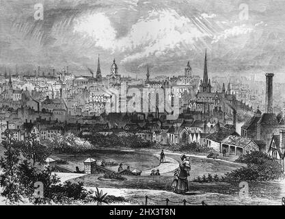 View of Birmingham, England in the 19th century; Black and White Illustration; Stock Photo