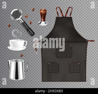 Barista coffee equipment realistic transparent set with isolated images of dickey kettles and cups with beans vector illustration Stock Vector