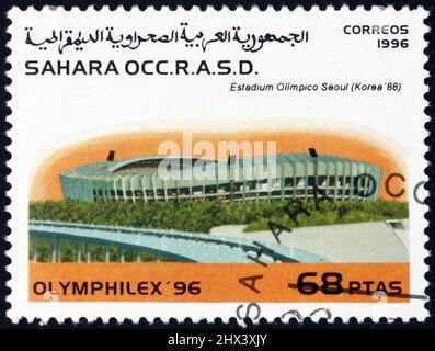 SAHARA - CIRCA 1996: a stamp printed in Sahrawi Arab Democratic Republic shows Olympic stadium, Seoul, circa 1996 Stock Photo