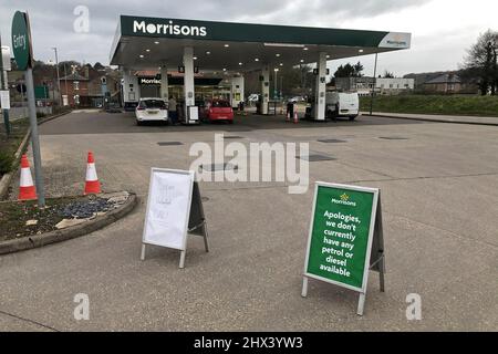 Bridport, Dorset, UK.  9th March 2022.  Signs on the entrance to the forecourt at the Morrisons supermarket petrol station at Bridport in Dorset showing it has run out of Diesel and Regular Unleaded fuel.  Only Super Unleaded is still available as prices rocket due to the Russian invasion of Ukraine.  Picture Credit: Graham Hunt/Alamy Live News