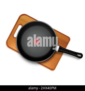 Teflon pan with red indicator on wooden board isolated top view realistic and colored composition Stock Vector