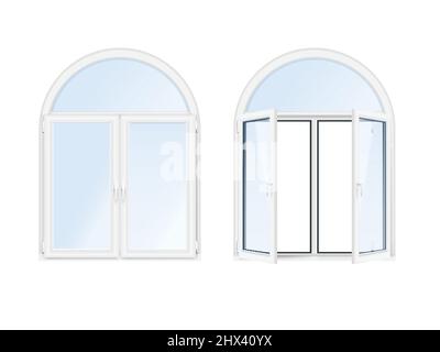 Two isolated and realistic arch windows  icon set white open and closed vector illustration Stock Vector