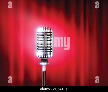 Microphone stand up show realistic composition with shiny microphone against a red theater curtain vector illustration Stock Vector