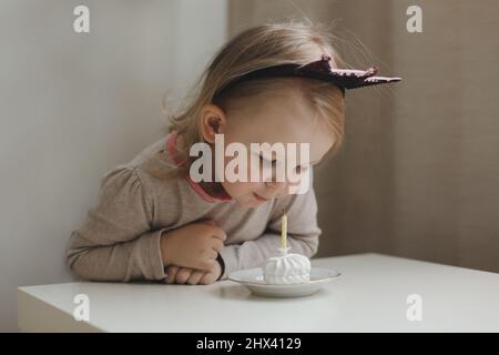 Cute beautiful little baby girl celebrating birthday. Child blowing one candle on a cake. Birthday family party for lovely toddler child, beautiful Stock Photo