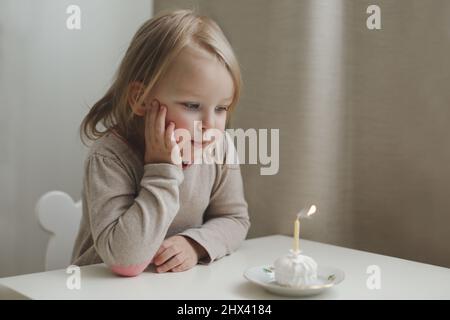 Cute beautiful little baby girl celebrating birthday. Child blowing one candle on a cake. Birthday family party for lovely toddler child, beautiful Stock Photo