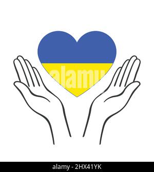 simple open hands outline supporting cradling floating ukrainian ukraine flag love heart lineart vector isolated on white background Stock Vector