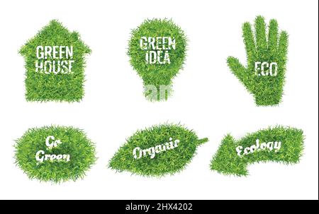 Go green realistic ecological grass covered sustainable house leaf arrow light bulb hand symbols set vector illustration Stock Vector