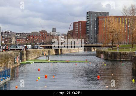 View across one of the docks at Albert Dock, Liverpool Stock Photo