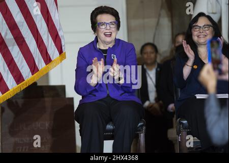 Washington, United States. 09th Mar, 2022. Founder of the Women's Tennis Association and Former No.1 American Tennis Player Billie Jean King looks on during an Annual Women's History Month Event celebrating the 50th Anniversary of Title IX in Statuary Hall at the US Capitol in Washington, DC on Wednesday, March 9, 2022. Photo by Bonnie Cash/UPI Credit: UPI/Alamy Live News Stock Photo