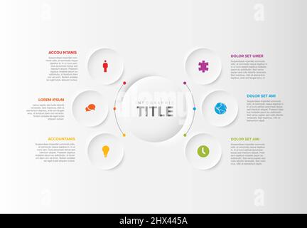 Vector multipurpose Infographic template with title and six elements options around big circle. Multipurpose Infochart with modern colors. Infographic Stock Vector