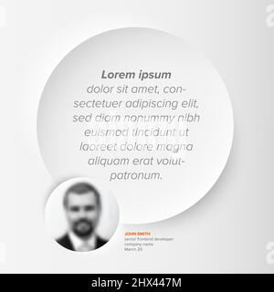Simple light minimalistic testimonial review section layout template with testimonial, photo placeholder, quote and big relief circle as speech bubble Stock Vector