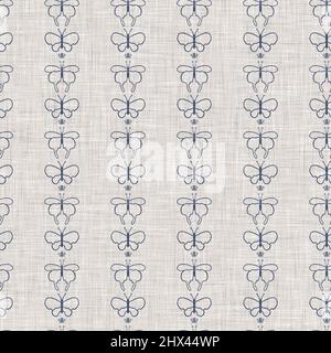 Farmhouse blue butterfly linen seamless pattern. Tonal french country cottage style farm animal background. Simple vintage rustic fabric textile Stock Photo