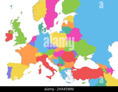 Europe with parts of Asia, multicolored detailed map, individual states and islands and sea, on white background, blank Stock Photo