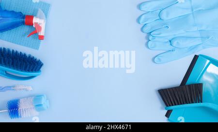 Zero waste cleaning tools composition on pastel blue background with copy space. Flat lay Stock Photo