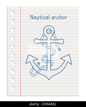 Anchor symbol icon, realistic sheet of lined paper from a notebook, paper ripped from a block with holes vector Stock Vector
