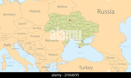 Ukraine map with individual regions and capital city, with individual neighboring states with names, classic color map vector Stock Vector