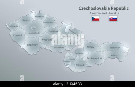 Czechia and Slovakia map, Czechoslovakia Republic, administrative division separates regions and names, design glass card 3D vector Stock Vector