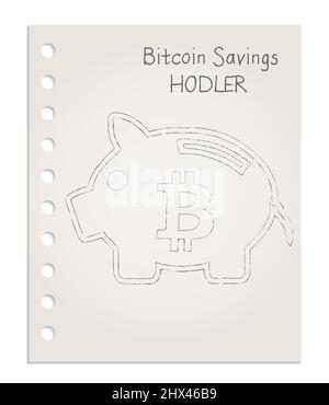 Saving piggy bank with bitcoin symbol icon, realistic clean sheet of paper torn from block vector Stock Vector