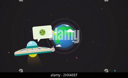 Flying UFO with a place for message on the Earth globe in outer space background, cartoon animation. Unknown flying vehicle with an alien in the space