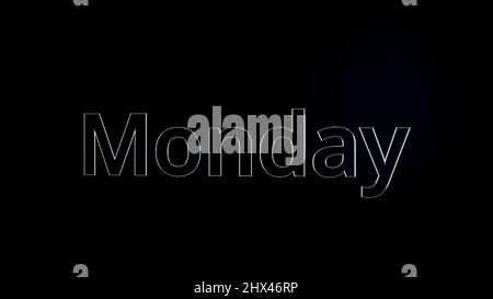 Monday text word gliding on black, glossy background, 3D animation. Silver, 3D text animation of word monday. Stock Photo