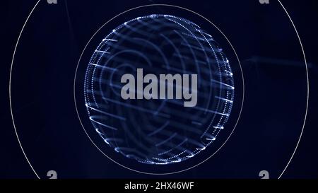 Digital, blue transparent sphere with small moving dots on its surface rotating nad receiving signals on dark blue background. Abstract spinning orb c Stock Photo