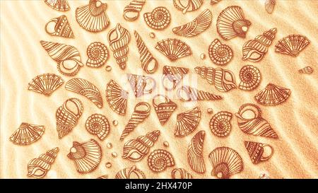 Seashells on yellow sand background. Summer composition. Different seashells and starfish lying on yellow paper background symbolizing the sand Stock Photo