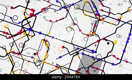 Electric scheme circuit with bright abstract signals flowing into different directions on white background. Neural network and big data, artificial in Stock Photo