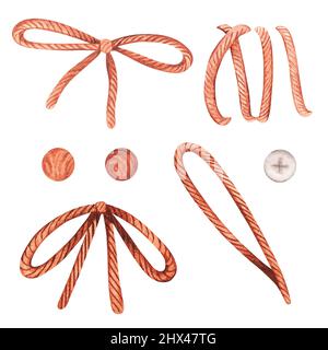 A bow made of waxed rope and cotton thread, wooden beads, pin. Watercolor illustration. Isolated on a white background. For your design scrapbooking. Stock Photo