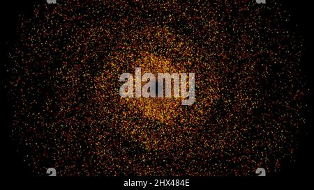 Small particles of red and yellow colors rotate on a black background forming a circle. Futuristic modern dynamic background with bright particles. Stock Photo