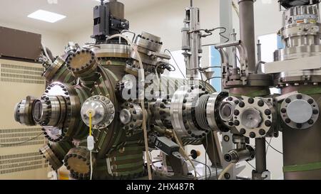 Close up of industrial automatic mechanism made from metal standing indoors at the factory, industry concept. New heating maching ready for exploitati Stock Photo
