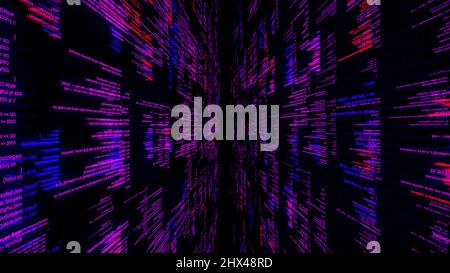 Programming code flowing on black background with 3D effect, seamless loop. Abstract technological pattern, concept of software development and comput Stock Photo