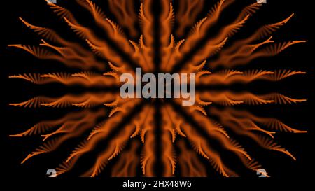 Abstract geometric kaleidoscope pattern on black background. Multicolored hypnotic motion graphics backdrop with orange spirals with moving shadows in Stock Photo
