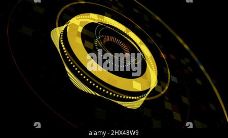 Colorful circles of moving audio equalizer on black background. Audio waves visual effects, seamless loop, parties and electronic music concept. Stock Photo