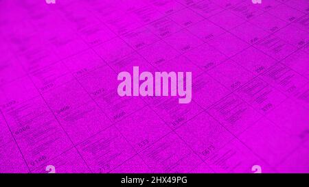 Big table with a lot of numerical data in diagonal motion. Business information, analysis of data and different indicators on bright pink background, Stock Photo