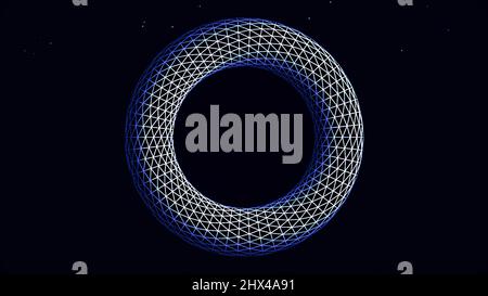 Abstract, blue and white, circle shape geometrical figure rotating on black background. Volume illustrated, transparent ring spinning, seamless loop Stock Photo