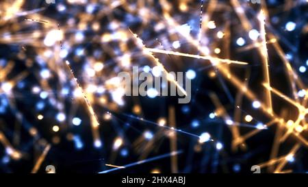 Abstract colorful neon lines with glowing defocused particles. Christmas theme, beautiful short lines with reflecting surface and shining spheres movi Stock Photo