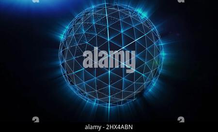 Blue Polygonal Sphere Spinning. Abstract neon ball made from lines Stock Photo