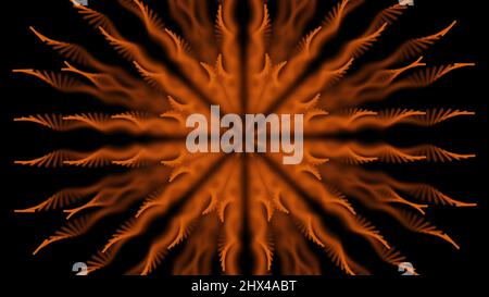 Abstract geometric kaleidoscope pattern on black background. Multicolored hypnotic motion graphics backdrop with orange spirals with moving shadows in Stock Photo