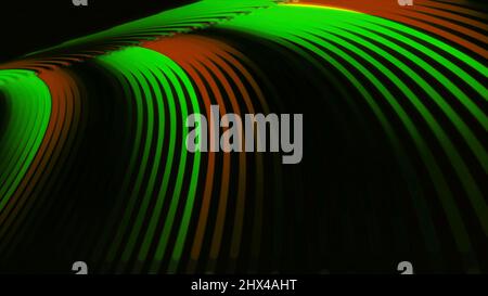 Abstract 3D rainbow-shaped elegant lines moving fast on black background, seamless loop. Green and red bended flowing neon stripes. Stock Photo