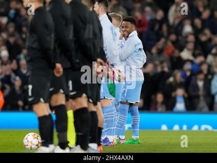 Manchester, England, 9th March 2022.   Raheem Sterling of Manchester City takes a step back to take in the atmosphere during the UEFA Champions League match at the Etihad Stadium, Manchester. Picture credit should read: Andrew Yates / Sportimage Stock Photo