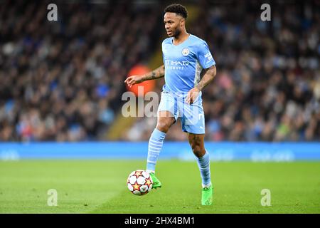 Manchester, UK. 03rd Mar, 2022. Raheem Sterling (7 Manchester City) in action during the UEFA Champions League round of 16 second leg match between Manchester City and Sporting Lisbon at Etihad stadium in Manchester. Will Palmer/SPP Credit: SPP Sport Press Photo. /Alamy Live News
