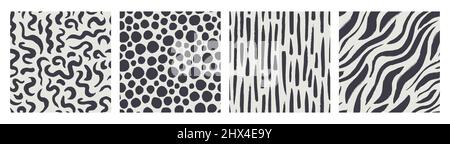 Set of hand drawn vector seamless pattern, abstract shapes. Stripes, curves, dots - randomly scattered repeating elements. Monochrome black and white Stock Vector