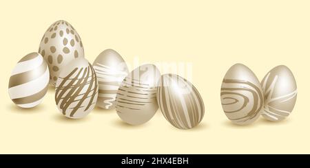 Happy Easter background with realistic shine decorated eggs. Design for greeting card, ad, promotion, poster, flyer. Joyful wishes, holiday greeting. Stock Vector