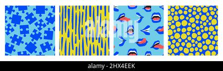 Set of vector seamless patterns in blue and yellow colors. Abstract backgrounds, dots, puzzles, lips and open mouths. Trendy designs for paper, cover Stock Vector