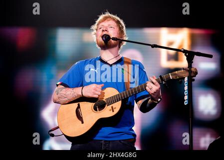 ITALY, FIRENZE, FIRENZE ROCKS FESTIVAL 2019: The British singer, songwriter and guitarist Ed Sheehan performing live on stage at the Firenze Rocks festival 2019 for his European tour. Stock Photo