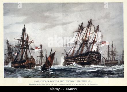 Bomb ketches saluting HMS Victory after the Battle of Trafalgar, Royal Navy warships, early 19th Century Stock Photo