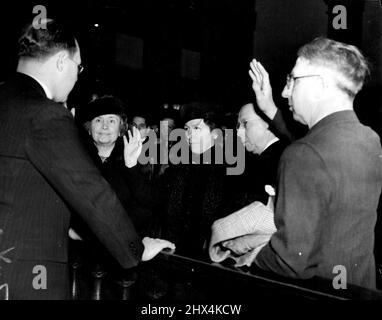 Helen Keller (left), famous blind-deaf author, appears in a New York City court Dec. 2, 1937, to help the woman who has been her 'Eves and Ears' for 24 years become an American citizen, Miss Polly Thomson (right) of Glasgow, Scotland. Helen Keller helped her 'eyes and ears', Scottish-born Polly Thomson, to take American citizenship in 1937. August 30, 1954. Stock Photo